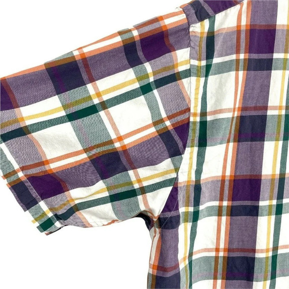 Eddie Bauer Button Up Shirt Men's Sz L Short Sleeve Collared Plaid White Purple - Picture 4 of 8